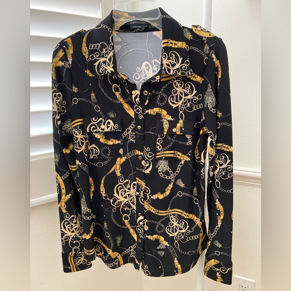BCBGMaxAzria Black and Gold Patterned Top